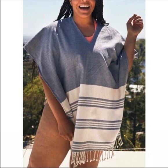 Tribe Alive Caftan Coverup Striped Fringe Poncho Gray Womens Size OS - Picture 1 of 4